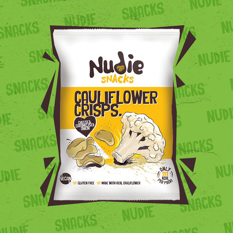 Nudie Snacks Cauliflower Crisps Vegan Cheese and Caramelised Onion Product Packet on a green background 