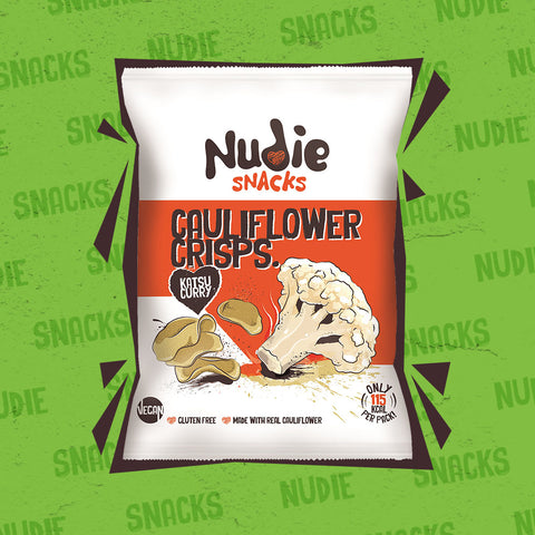 Nudie Snacks Vegan Cauliflower Crisps Katsu Curry Flavour Product Packet on Green Background 