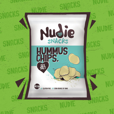 Nudie Snacks Sea Salt Gluten Free Hummus Chips Product Packet on a Green Background 