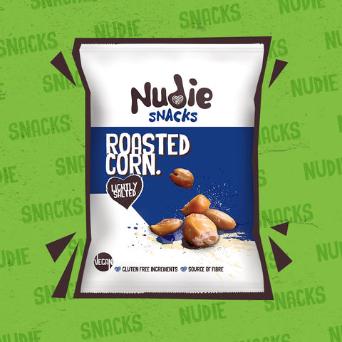 Nudie Snacks Lightly Salted Roasted Corn Vegan Snacks on a Green Background