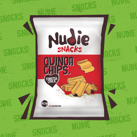 Nudie Snacks Quinoa Chips Healthy Alternative to Crisps Product Packet on Green Background