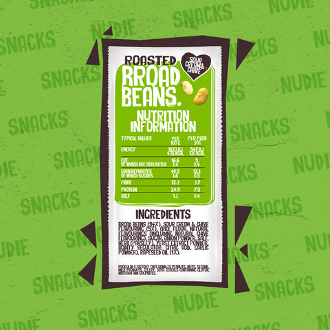 Back of Nudie Snacks Roasted Broad Beans Sour Cream and Chive Plant Based Snacks Packet, Which Highlights Nutritional Information and Ingredients. 