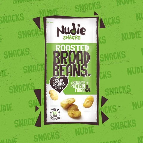 Nudie Snacks Roasted Broad Beans Sour Cream and Chive Product Packet which Highlights benefits such as High Protein on a green background 