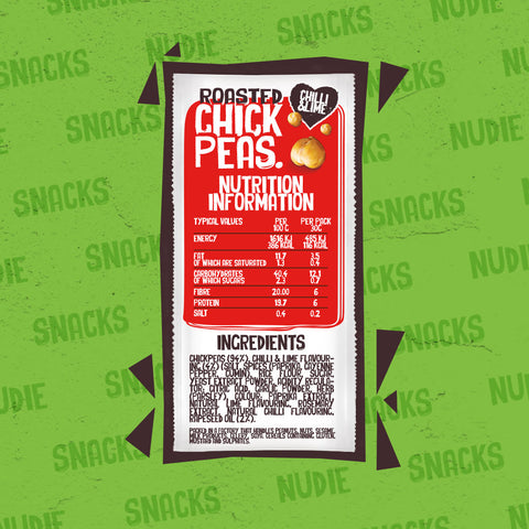Back of Nudie Snacks Roasted Chickpeas Chilli and lime Packet Which Highlights Nutritional information and Ingredients. 