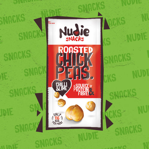 Nudie Snacks Roasted Chickpeas Chilli and Lime product Packet Which Highlights the Benefits of Plant Based Protein. 