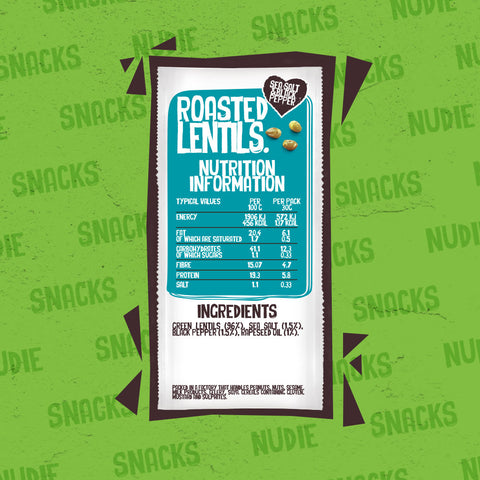 Back of Roasted Lentils Sea Salt and Black Pepper Packet which Highlights Nutritional Information and Ingredients 