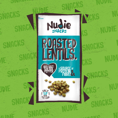 Nudie Snacks Roasted Lentils Sea Salt and Black Pepper Vegan Snacks Packet. 