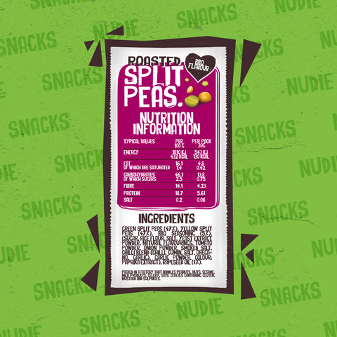 Back of Roasted Split Peas Product Packet Which Highlights Nutritional Information and ingredients. 