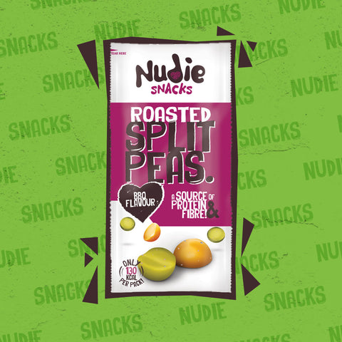 Nudie Snacks Roasted Split Peas BBQ Flavour Product Packet with an Image of Green and Brown Split Peas and Product Benefits such as Plant Based Protein. 