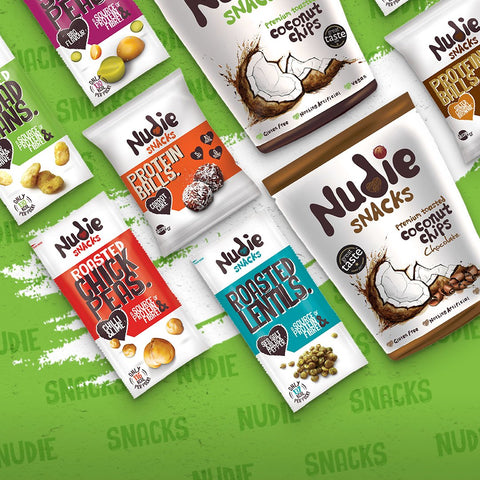 Collection of Nudie Snacks Plant-Based Products on a green background. 