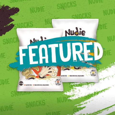 Nudie Snacks Featured Product Image on a green background.