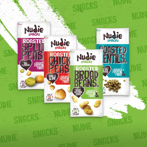 Nudie Snacks Pulse Collection on a green background. 
