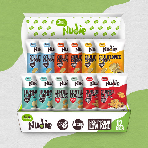 Nudie Snacks Vegan Snack Box on a green background.