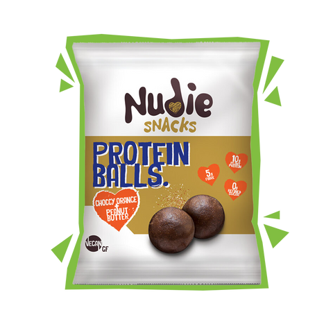 Nudie Snacks Vegan Chocolate Orange and Peanut Butter Protein Balls Product Packet with green outline 