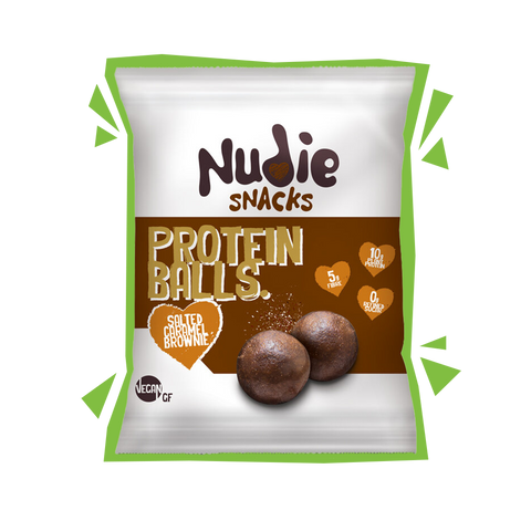 Salted Caramel Flavour Protein Balls. 5g Fibre, 10g Plant Protein, 0g refined sugar.