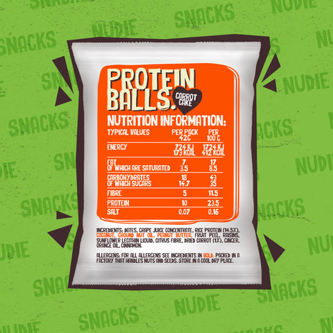 Back of Carrot Cake Plant Based Protein Balls Packet Highlighting Nutritional Information and ingredients. 