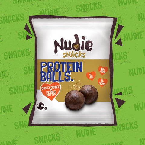 Nudie Snacks Vegan Chocolate Orange and Peanut Butter Plant Based Protein Balls Product Packet with brown outline on a green background. 
