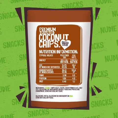 Back of Nudie Snacks Chocolate Toasted Coconut Chips Packet Highlighting Nutritional Information. 