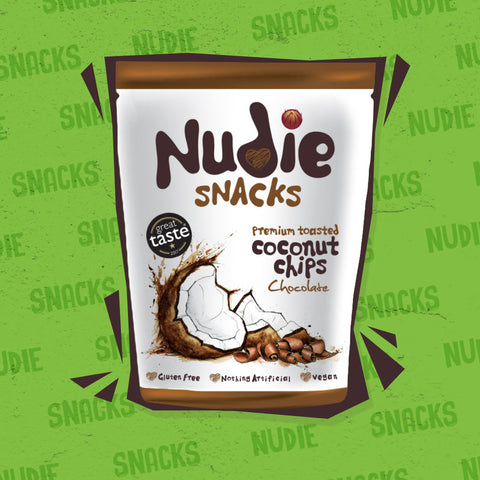 Nudie Snacks Chocolate Toasted Coconut Chips Packet with a brown outline on a green background.
