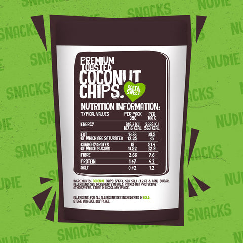 Back of Nudie Snacks Toasted Coconut Chips Product Packet Which Highlights Nutritional Information and ingredients. 