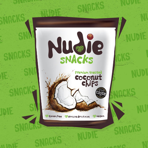 Nudie Snacks Toasted Coconut Chips Plant Based Snacks Packet on a green background. 
